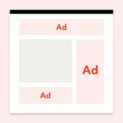 A minimalistic sketch of a website layout with clear ad placements outlined in red, highlighting the state of websites when using no ad blocking or ad filtering solutions