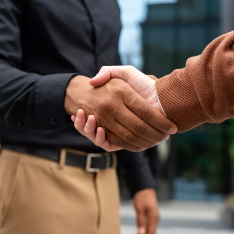Close-up of two people's hands interlocking in a firm handshake, symbolizing a successful agreement or partnership